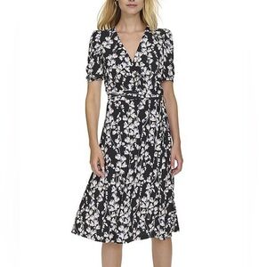 HARPER ROSE Short Sleeve Black Floral Surplice V-Neck Midi Dress, NWT, Sz.8